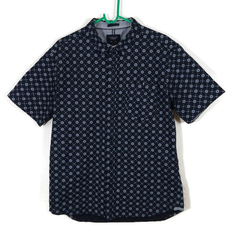Level Ten Men's Button Up Floral Print Short Sleeve Shirt Navy Blue Size L